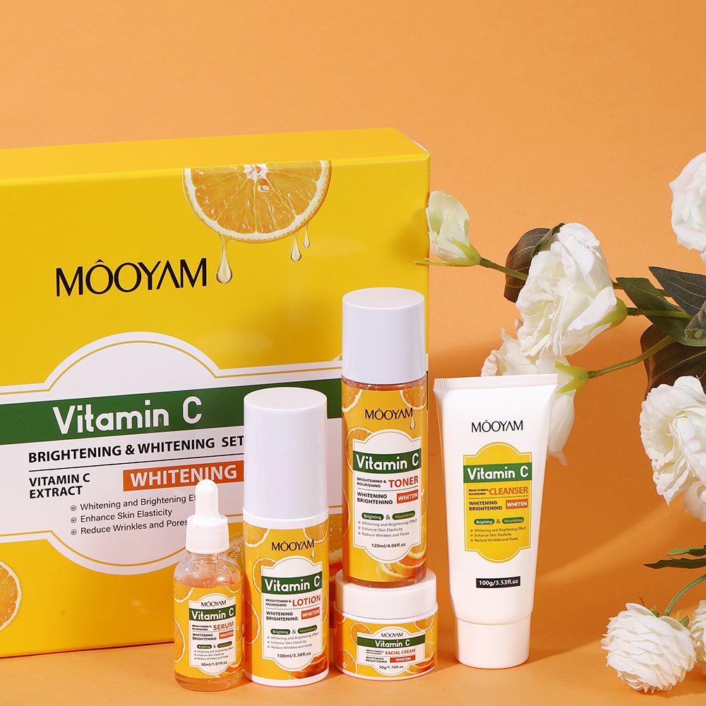 MÔOYAM Vitamin C Brightening Skincare Set – 5-Piece Facial Whitening & Anti-Aging Kit (Cleanser, Toner, VC Serum, Lotion & Cream) – For Even Skin Tone & Radiant Glow (All Genders)