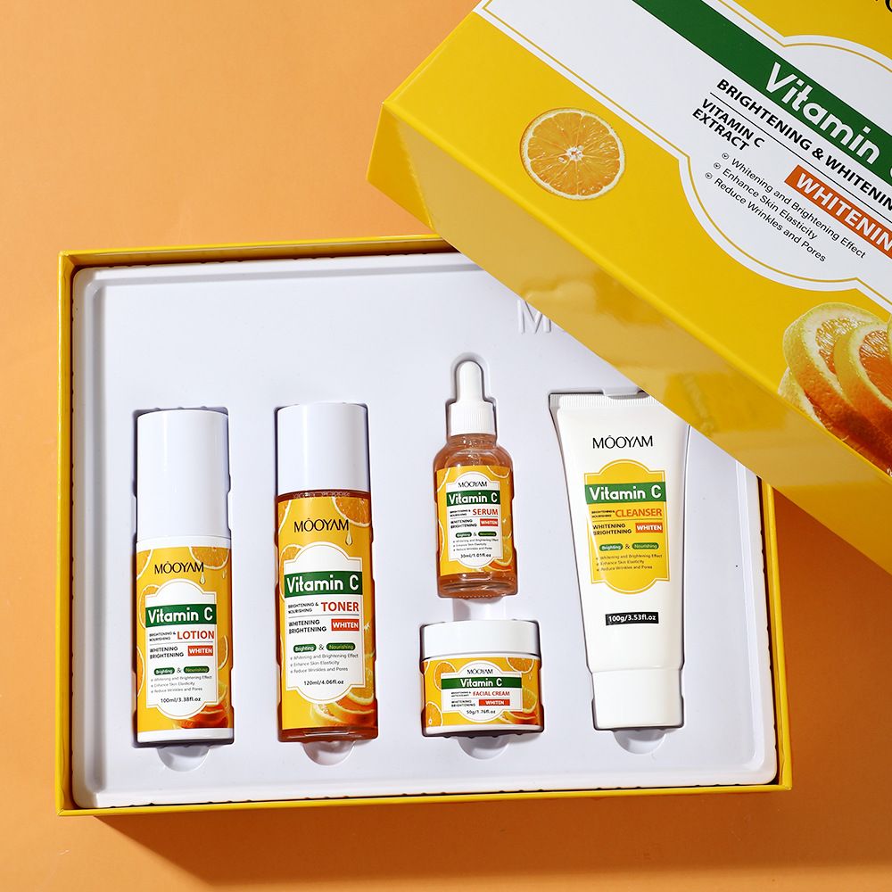 MÔOYAM Vitamin C Brightening Skincare Set – 5-Piece Facial Whitening & Anti-Aging Kit (Cleanser, Toner, VC Serum, Lotion & Cream) – For Even Skin Tone & Radiant Glow (All Genders)