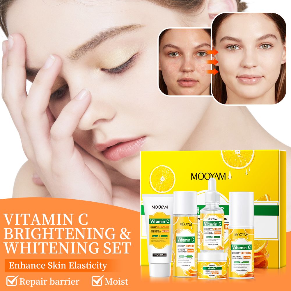 MÔOYAM Vitamin C Brightening Skincare Set – 5-Piece Facial Whitening & Anti-Aging Kit (Cleanser, Toner, VC Serum, Lotion & Cream) – For Even Skin Tone & Radiant Glow (All Genders)