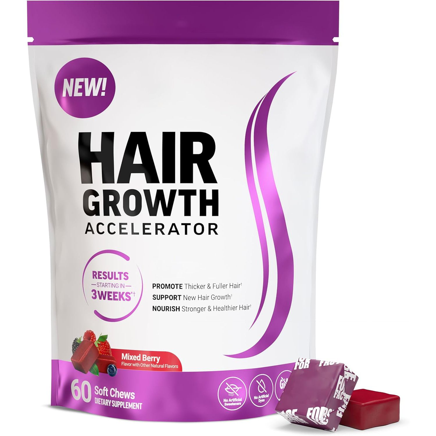 New Hair Growth Accelerator Chews - Biotin & Keratin Gummies for Faster Hair Growth, Thicker & Longer Hair - Stop Hair Loss, Reduce Breakage - Tasty Vitamin Supplement for Men & Women