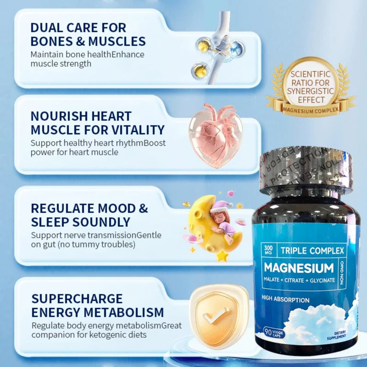 Triple Magnesium Complex Malate, Citrate and Glycinate - Support Muscle, Bone, Heart and Nervous System Health, Boost Energy Improve Sleep