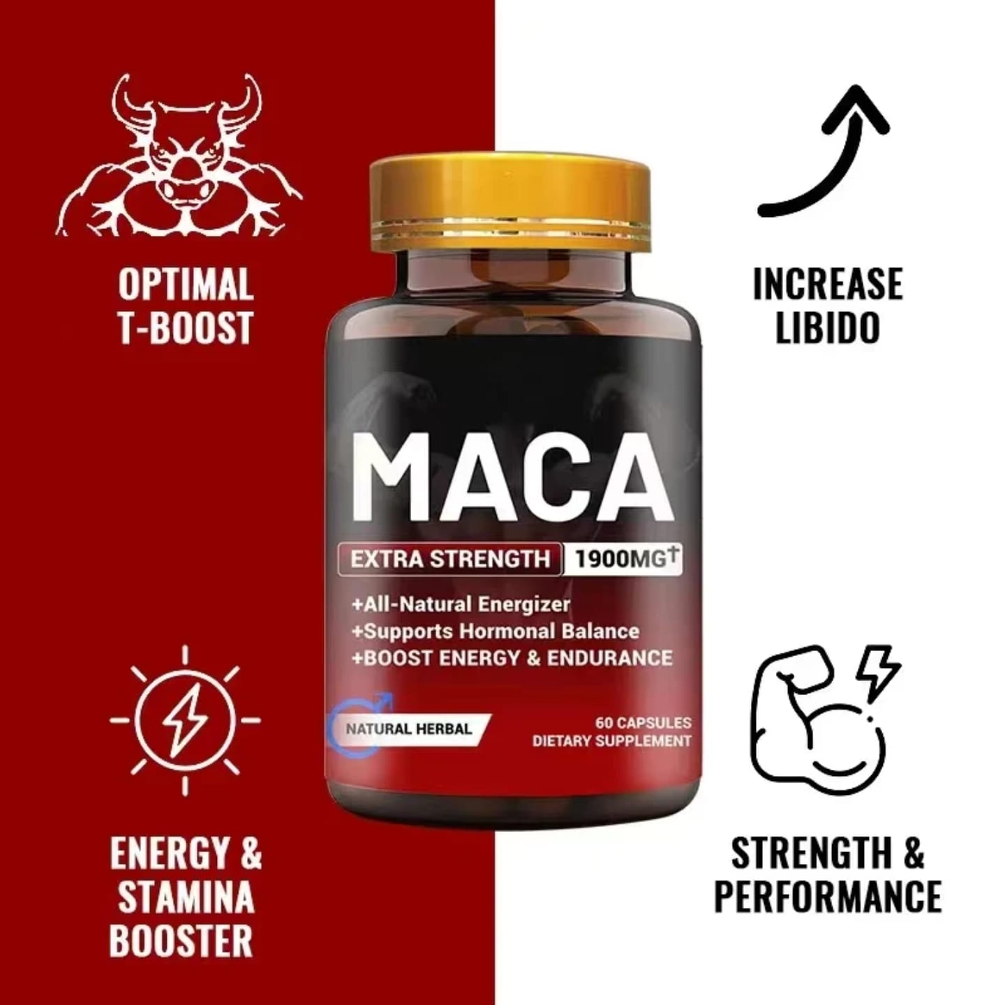 Maca Root Extra Strength 1900mg – 60 Capsules – Natural Energizer for Endurance, Stamina & Muscle Support – Kylnn Bliss Professional Performance