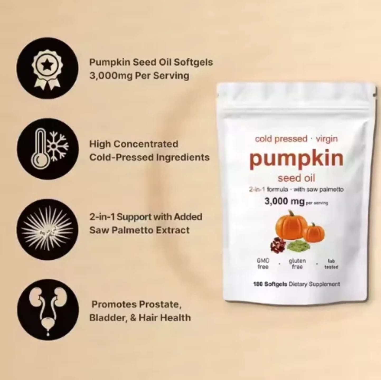 [OFFER] Pumpkin Seed Oil + Saw Palmetto (180 Softgels) - 3000mg Hair Growth & Prostate Support - Cold Pressed Virgin Oil