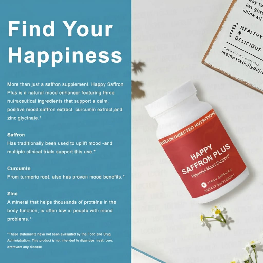 Happy Saffron Capsules Supports a positive mood & emotional balance, Boosts memory, focus & cognitive function, Reduces stress, anxiety & mental fatigue,Rich in antioxidants for overall wellness
