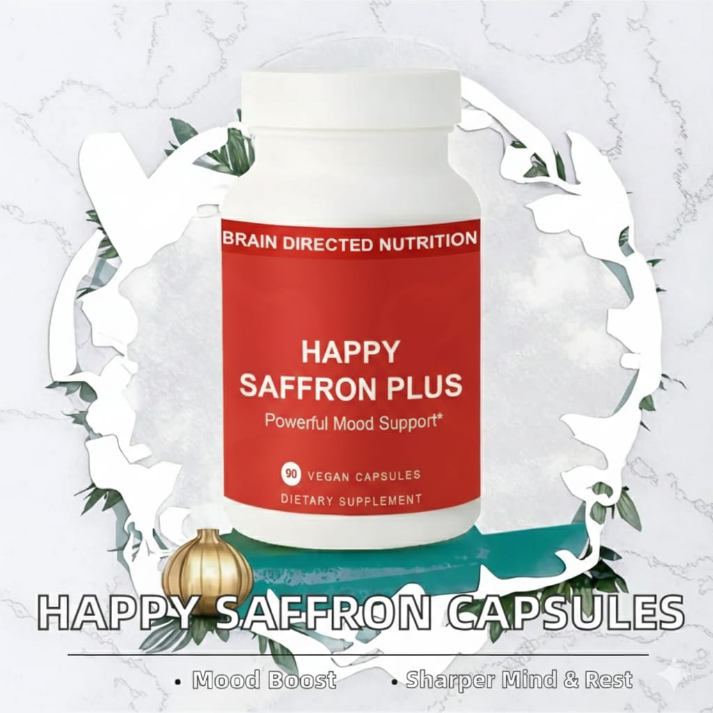 Happy Saffron Capsules Supports a positive mood & emotional balance, Boosts memory, focus & cognitive function, Reduces stress, anxiety & mental fatigue,Rich in antioxidants for overall wellness