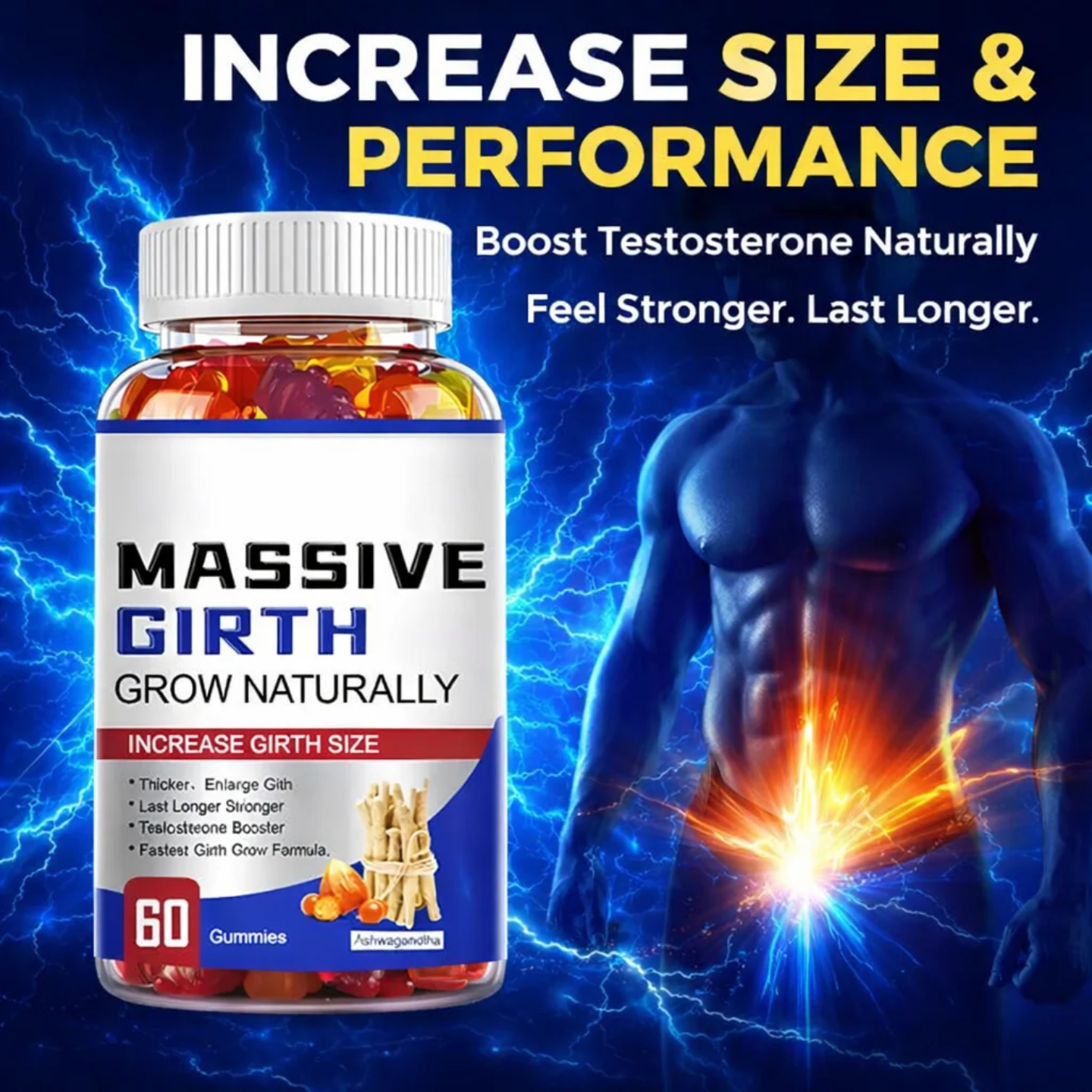 [OFFER] Massive Girth Men’s Performance Gummies (60 Pcs) – Natural Testosterone Booster & Strength Support – Extra Strength Ashwagandha Formula