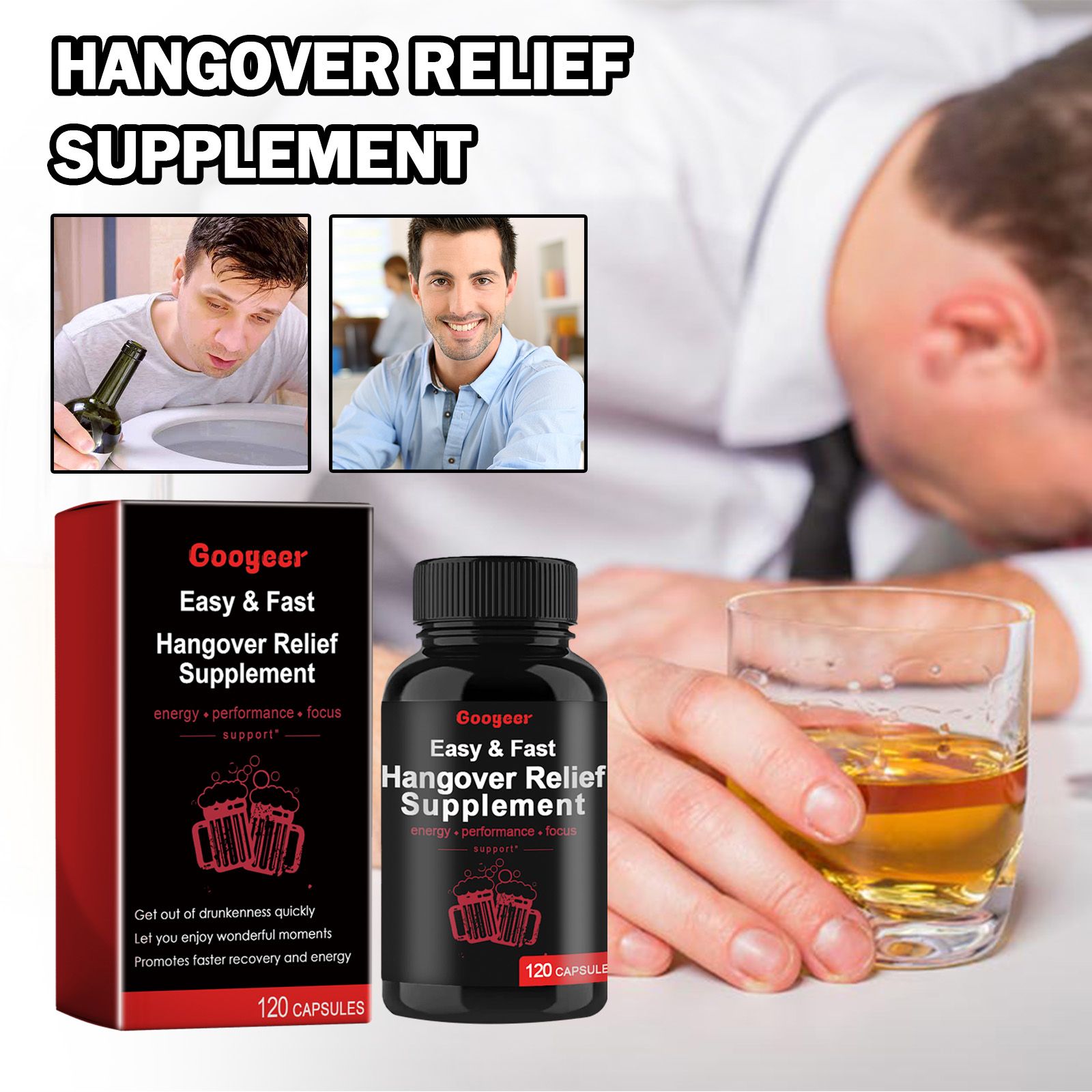 Hangover Relief Capsules-Natural Alcohol Detox & Liver Support, Fast Recovery 120 capsules