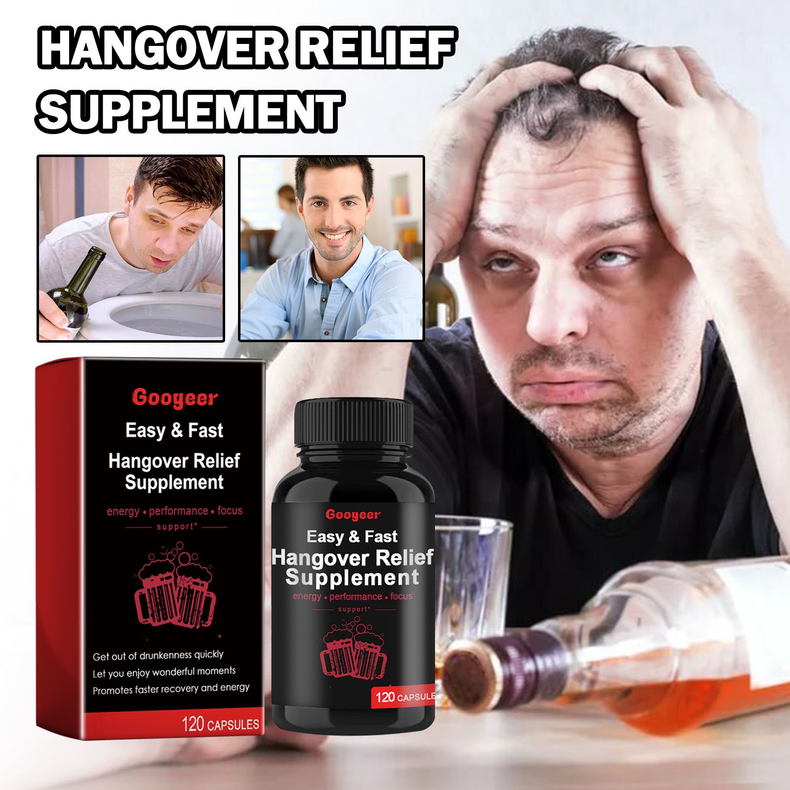 Hangover Relief Capsules-Natural Alcohol Detox & Liver Support, Fast Recovery 120 capsules