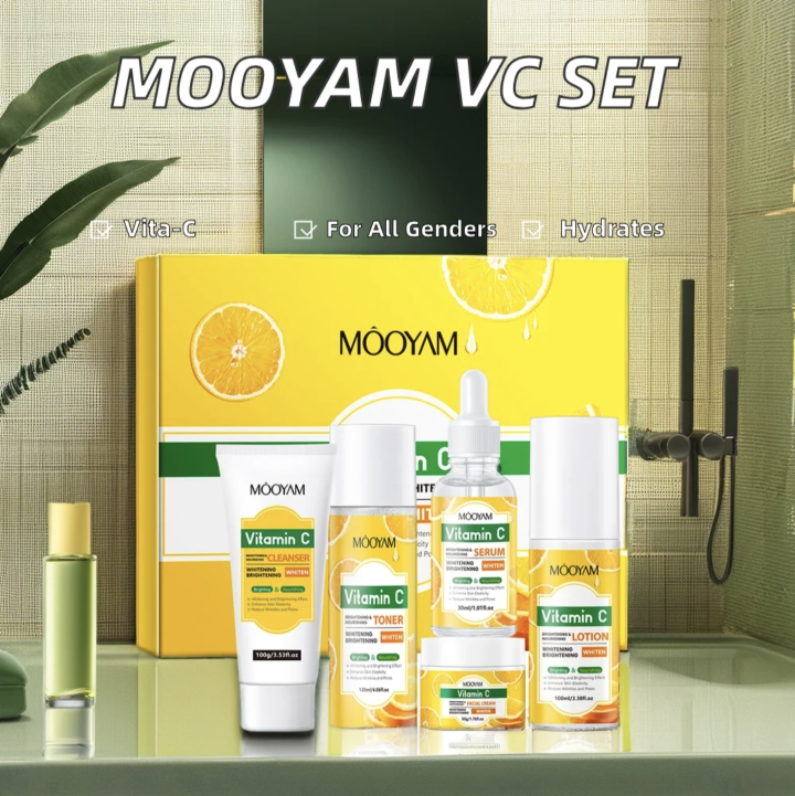 MÔOYAM Vitamin C Brightening Skincare Set – 5-Piece Facial Whitening & Anti-Aging Kit (Cleanser, Toner, VC Serum, Lotion & Cream) – For Even Skin Tone & Radiant Glow (All Genders)