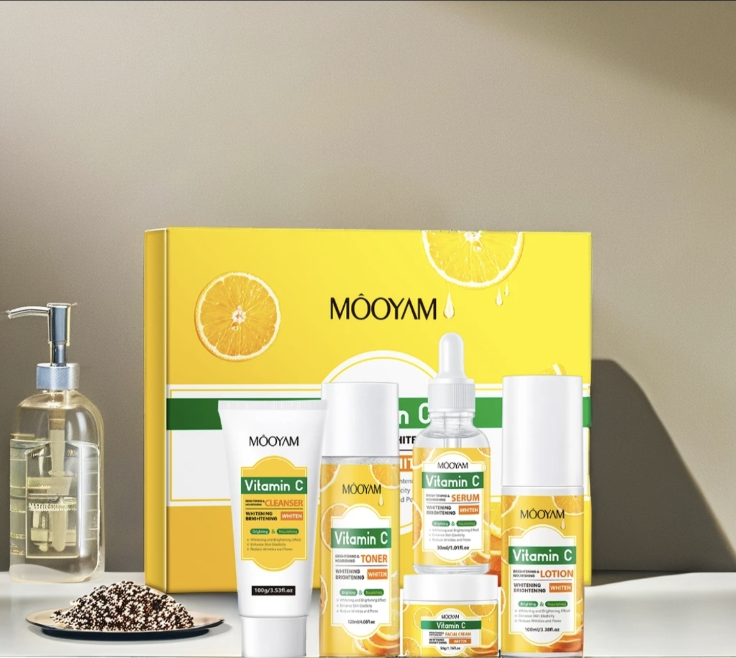 MÔOYAM Vitamin C Brightening Skincare Set – 5-Piece Facial Whitening & Anti-Aging Kit (Cleanser, Toner, VC Serum, Lotion & Cream) – For Even Skin Tone & Radiant Glow (All Genders)