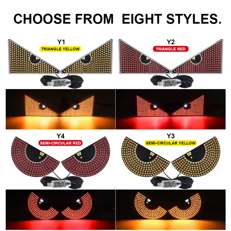 2PCS LED Signal Lights Car Expression Strobe Warning Light For Car Windshield USB Flashing Devil’s Eyes Glow Flexible LED Panel