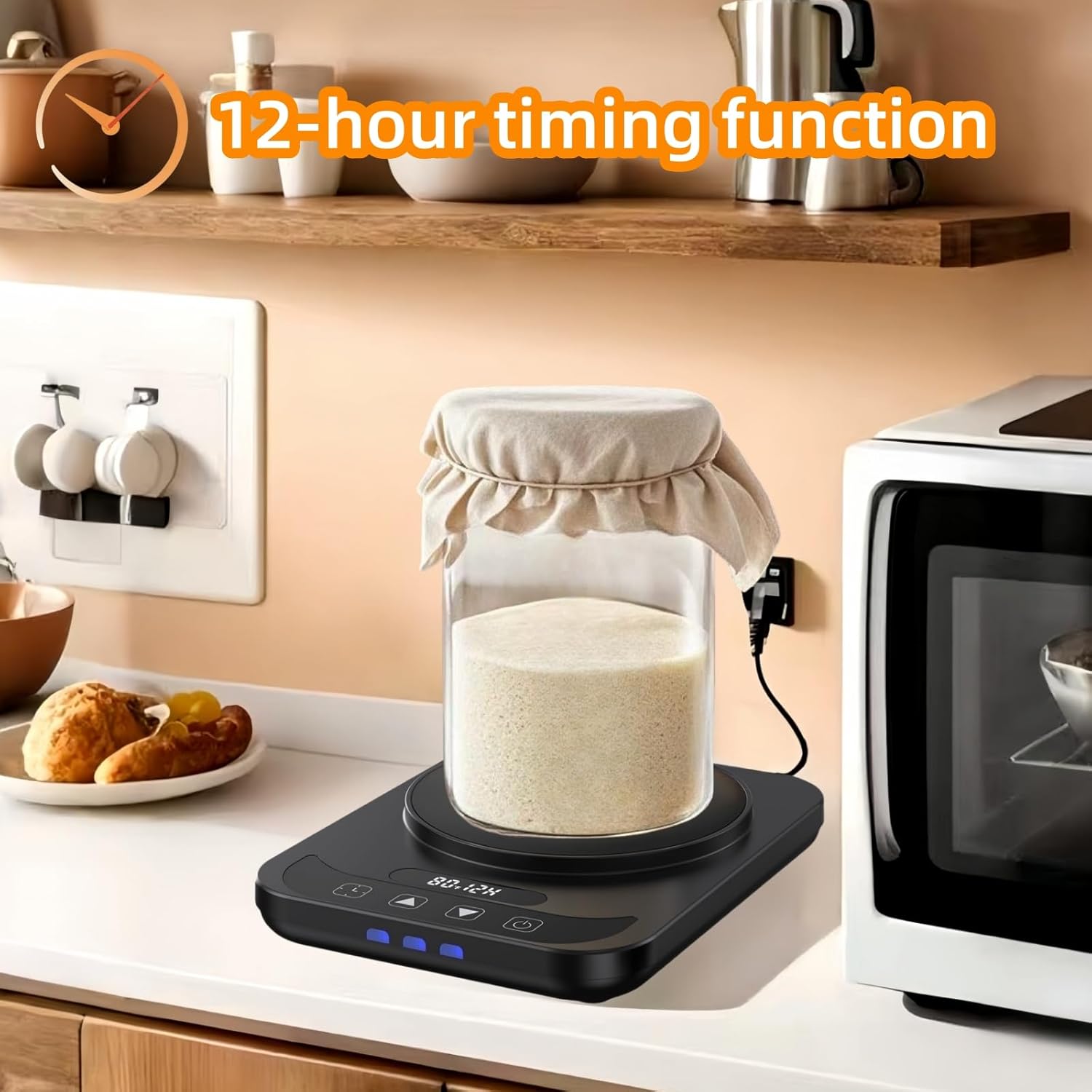 Sourdough Starter Warmer, Thermostat Control (70-100°F) Sourdough Heating Mat, 0-12 Hours Timer, Heater Auto On/Off, Homemade Sourdough Bread Baking Tools for Home Kitchens