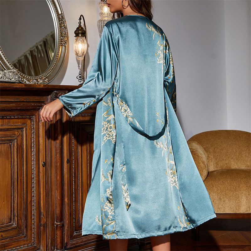 2pcs/set Simple Women's Four-season Home Wear Lace-up Night-robe and Nightgown Two-piece set Thin Outer Wear Mid-length Pajamas set