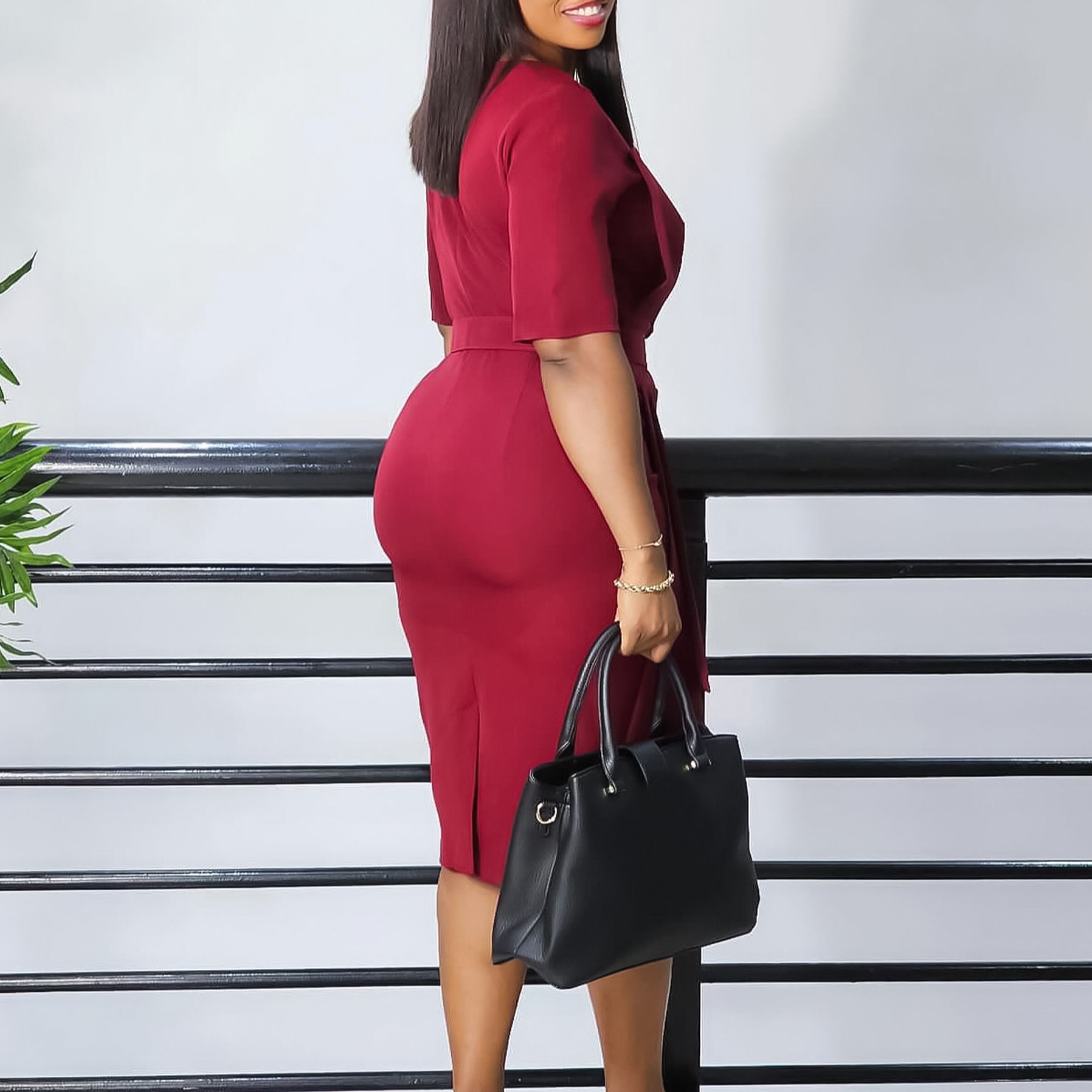 Spring/Summer 2024 African New Short Sleeve V-neck Waist Solid Color OL Tongle Pencil Skirt Dress Solid Color Pattern Crepe Craft Popular Belt Elements Temperament Elegant Style