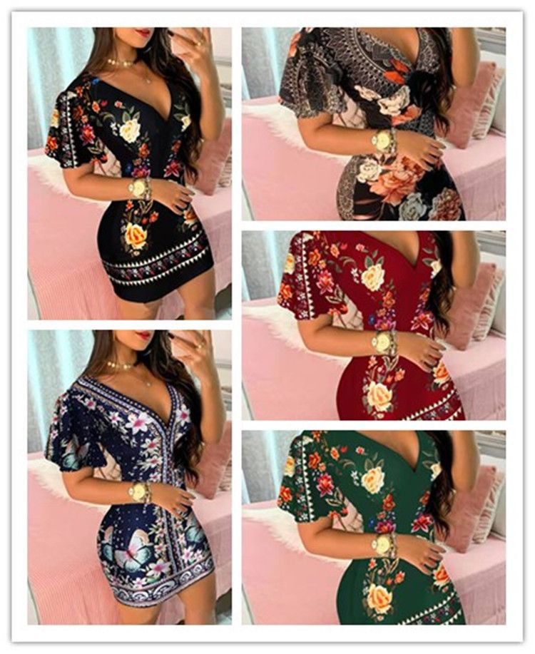 Summer Elegant Floral Print Bodycon Mini Dress Women 2024 Fashion Sexy Deep V-neck Package Hip Dresess Office Lady Party Dress