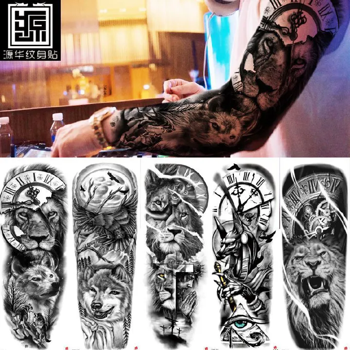 5pc Lion Men Waterproof Temporary Tattoos Fake Stickers Arm Hand Cool Art Black Transfer Clock