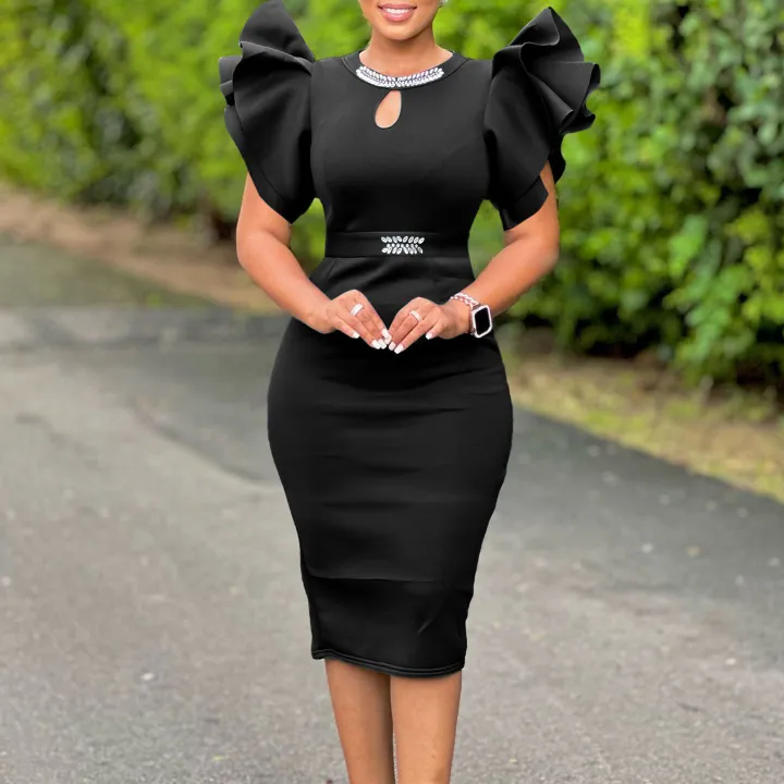 Summer Round-Neck Diamond Embellished Body-Con Dress Lotus Leaf Sleeve Cutout Evening Gown for Party And Banquet