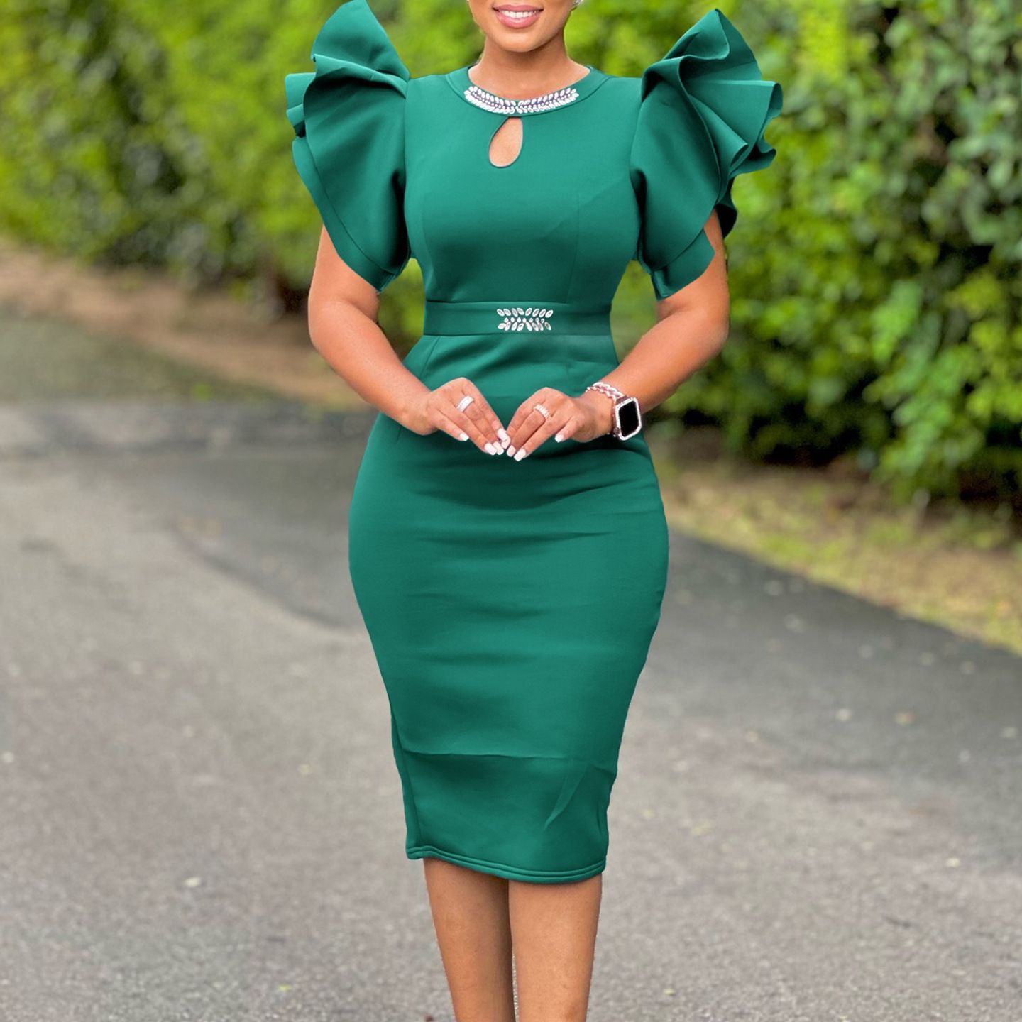 Summer Round-Neck Diamond Embellished Body-Con Dress Lotus Leaf Sleeve Cutout Evening Gown for Party And Banquet