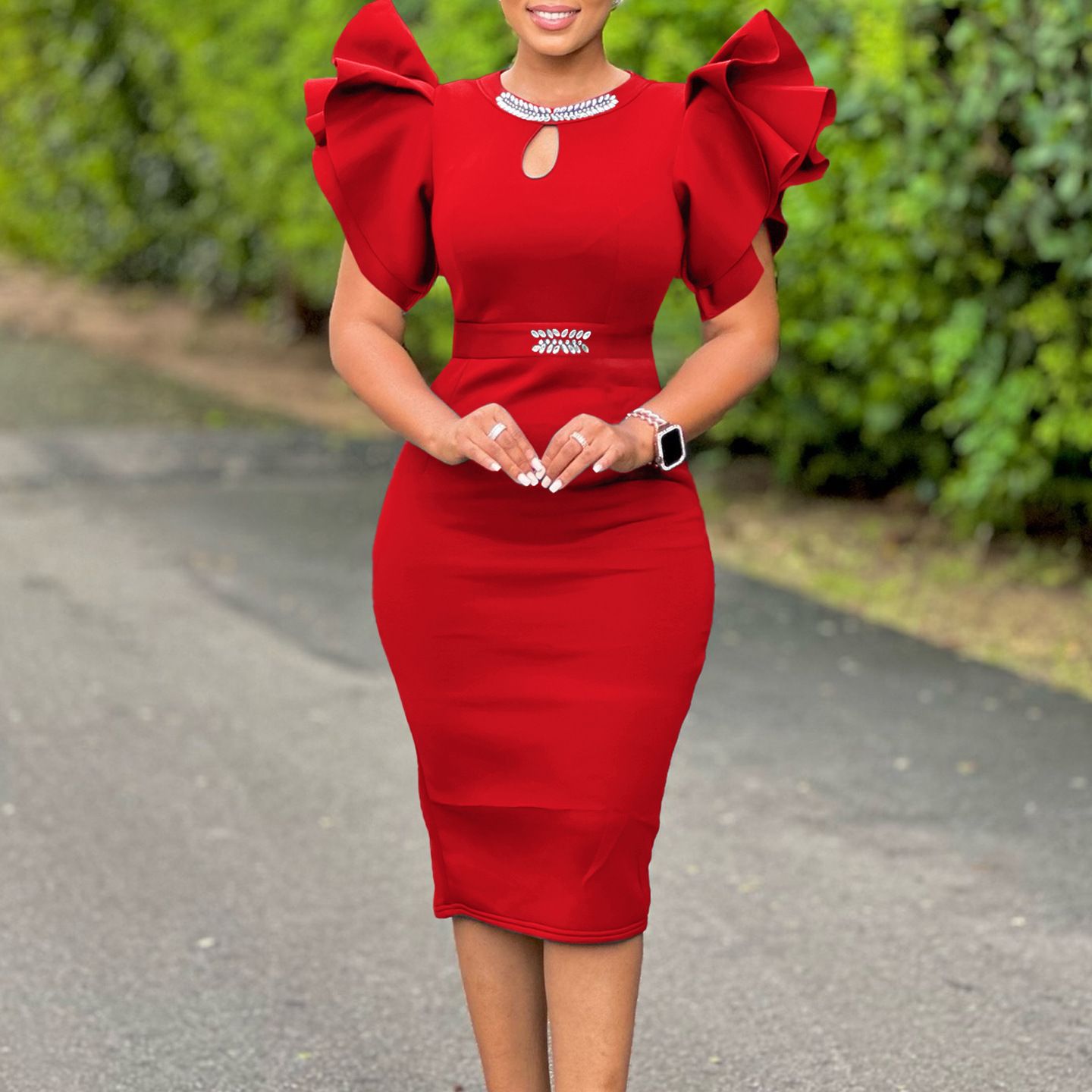 Summer Round-Neck Diamond Embellished Body-Con Dress Lotus Leaf Sleeve Cutout Evening Gown for Party And Banquet