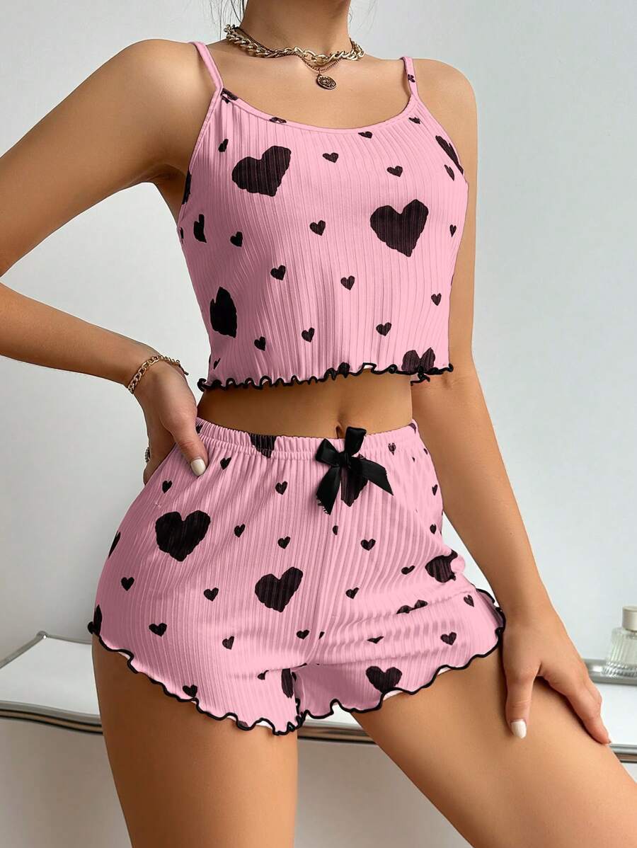 Summer New European and American Knitted Pit Strip Love Printed Design Sweet Strap Shorts Pure Desire Sleepwear Women's 2-piece Set