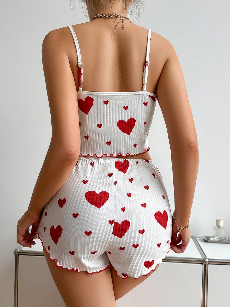 Summer New European and American Knitted Pit Strip Love Printed Design Sweet Strap Shorts Pure Desire Sleepwear Women's 2-piece Set