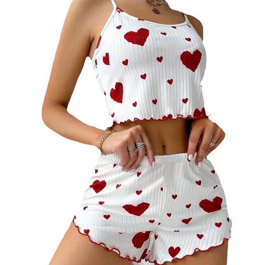 Summer New European and American Knitted Pit Strip Love Printed Design Sweet Strap Shorts Pure Desire Sleepwear Women's 2-piece Set
