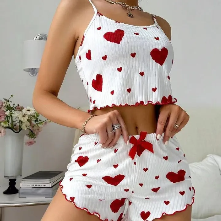 Summer New European and American Knitted Pit Strip Love Printed Design Sweet Strap Shorts Pure Desire Sleepwear Women's 2-piece Set