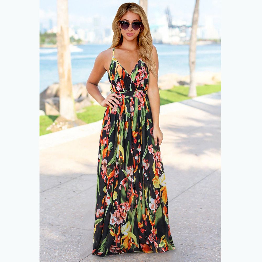 2025 Spring Summer Bohemian Floral Dress Strappy V Neck Sleeveless Dresses Elegant Plus Size Maxi Beach Vacation Party Dress