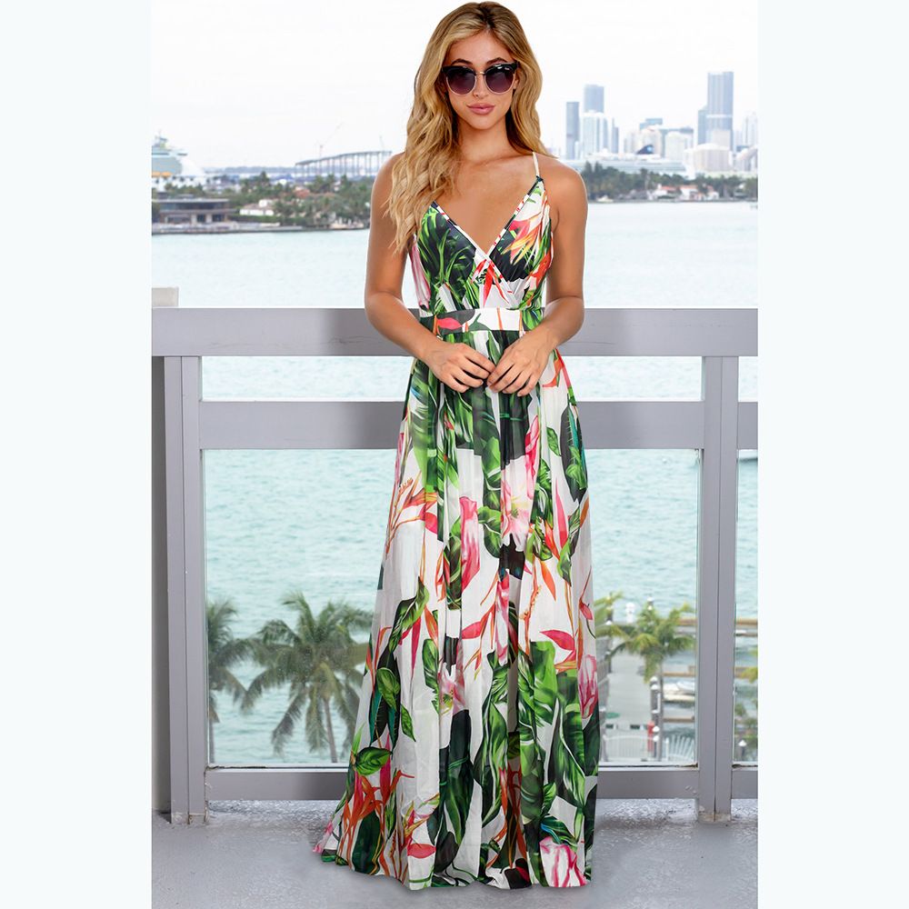 2025 Spring Summer Bohemian Floral Dress Strappy V Neck Sleeveless Dresses Elegant Plus Size Maxi Beach Vacation Party Dress