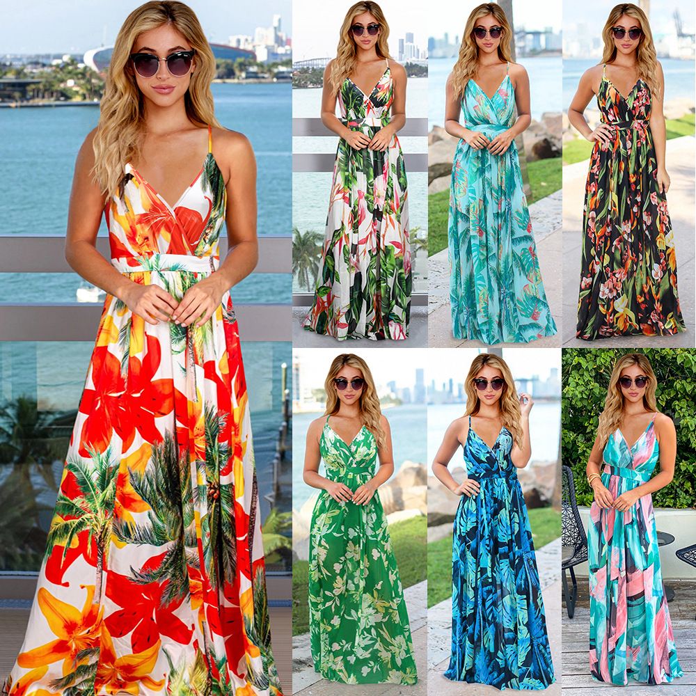 2025 Spring Summer Bohemian Floral Dress Strappy V Neck Sleeveless Dresses Elegant Plus Size Maxi Beach Vacation Party Dress