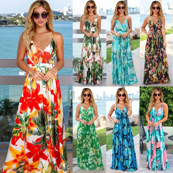2025 Spring Summer Bohemian Floral Dress Strappy V Neck Sleeveless Dresses Elegant Plus Size Maxi Beach Vacation Party Dress