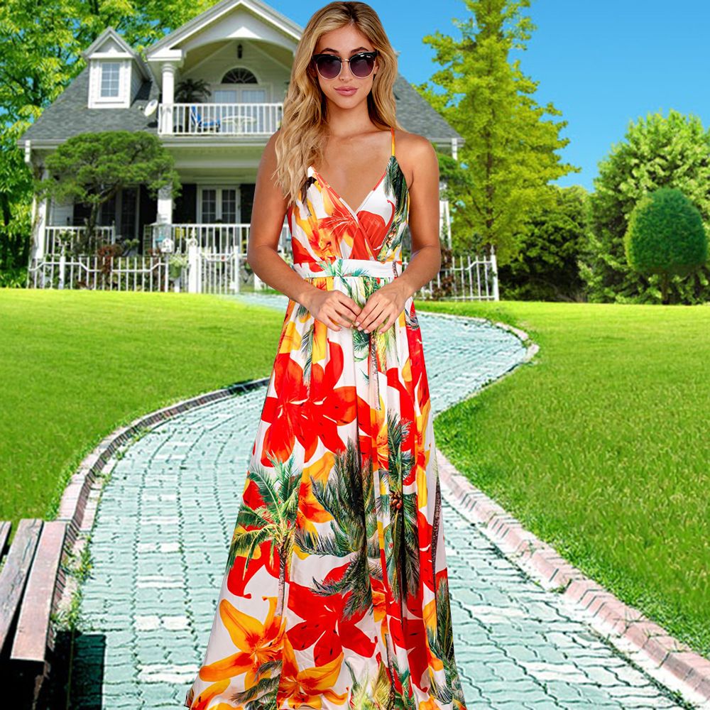 2025 Spring Summer Bohemian Floral Dress Strappy V Neck Sleeveless Dresses Elegant Plus Size Maxi Beach Vacation Party Dress