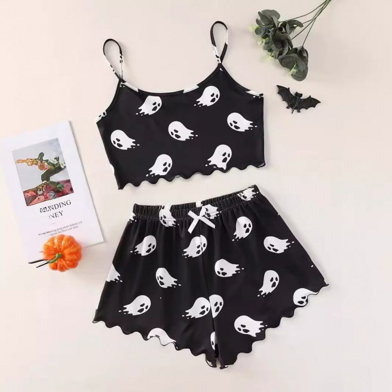 Women's Pajamas Set Sexy Lingerie Leopard Print Sling Sleepwear V-Neck Sleeveless Top and Shorts Sets Pyjamas Homewear