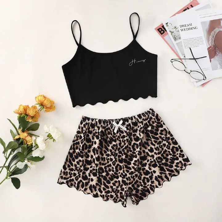 Women's Pajamas Set Sexy Lingerie Leopard Print Sling Sleepwear V-Neck Sleeveless Top and Shorts Sets Pyjamas Homewear
