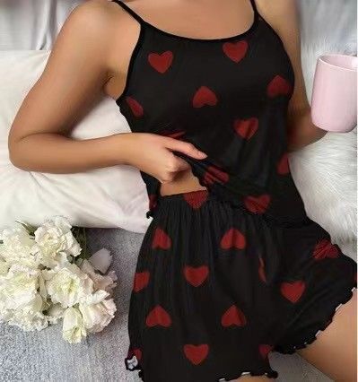 Sexy Casual Heart Shaped Women's Sleepwear Two Piece Set Short Sleeveless Top with Shorts Home Clothes Set Comfortable Thin Mate