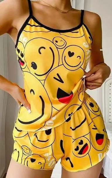 Sexy Casual Heart Shaped Women's Sleepwear Two Piece Set Short Sleeveless Top with Shorts Home Clothes Set Comfortable Thin Mate