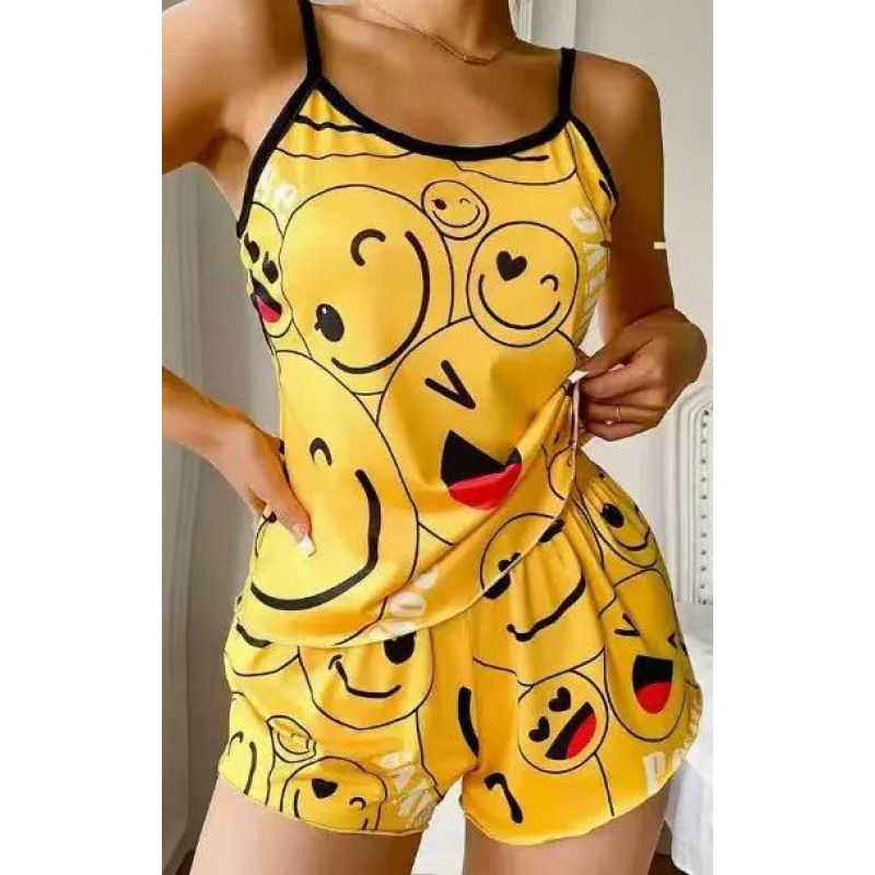 Sexy Casual Heart Shaped Women's Sleepwear Two Piece Set Short Sleeveless Top with Shorts Home Clothes Set Comfortable Thin Mate
