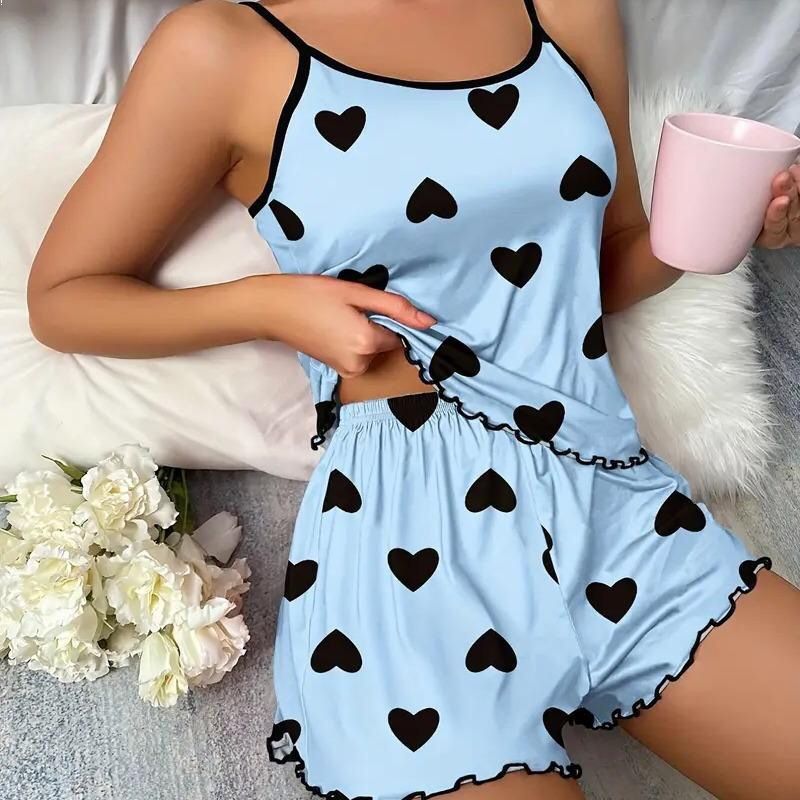 Sexy Casual Heart Shaped Women's Sleepwear Two Piece Set Short Sleeveless Top with Shorts Home Clothes Set Comfortable Thin Mate