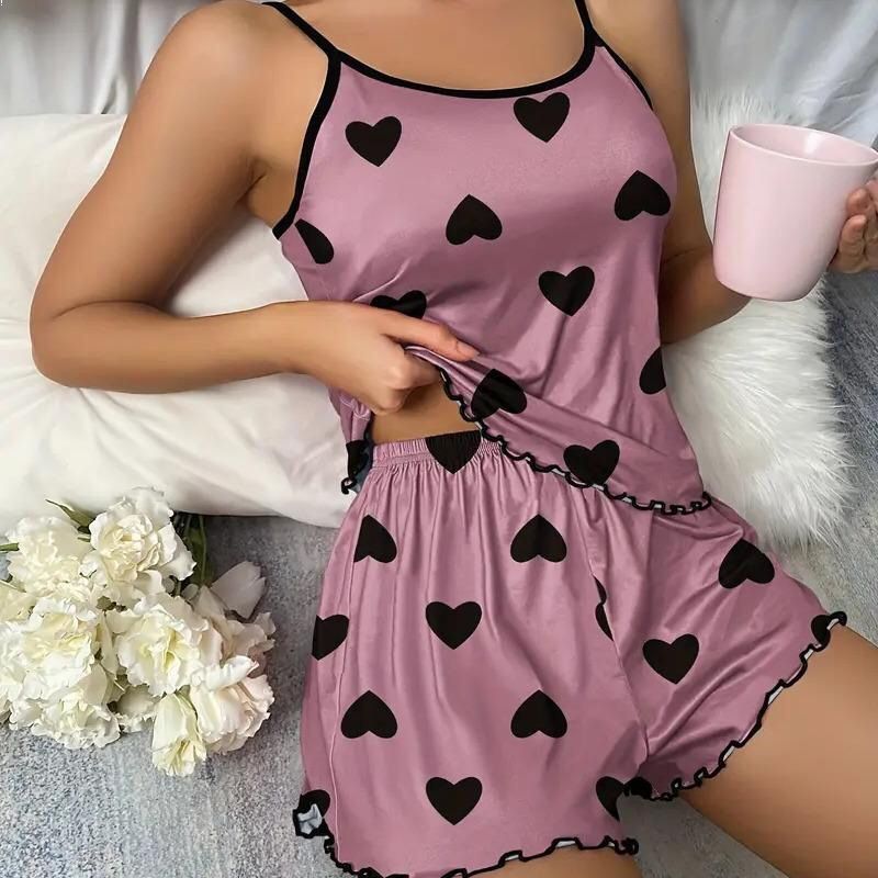 Sexy Casual Heart Shaped Women's Sleepwear Two Piece Set Short Sleeveless Top with Shorts Home Clothes Set Comfortable Thin Mate