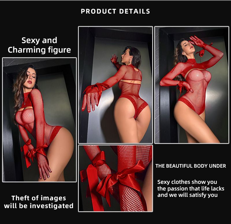 Women's Sexy Lingerie High Elastic Semi-transparent Fishing Net Jumpsuit New Fishing Clothes Ribbon Suit Large Size Bodysuit