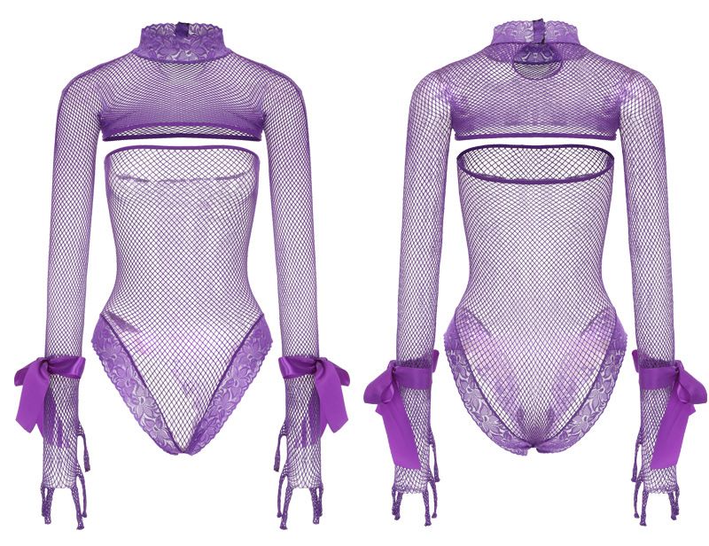 Women's Sexy Lingerie High Elastic Semi-transparent Fishing Net Jumpsuit New Fishing Clothes Ribbon Suit Large Size Bodysuit