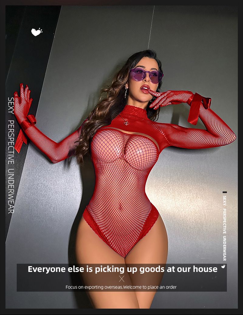 Women's Sexy Lingerie High Elastic Semi-transparent Fishing Net Jumpsuit New Fishing Clothes Ribbon Suit Large Size Bodysuit