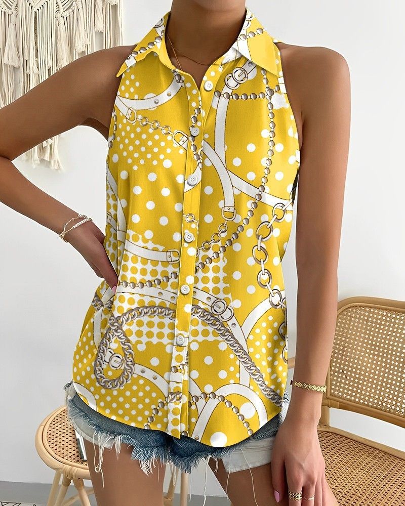 Ladies button shirt chain printed blouse summer shirt ladies sexy sleeveless off-the-shoulder shirt ladies street style