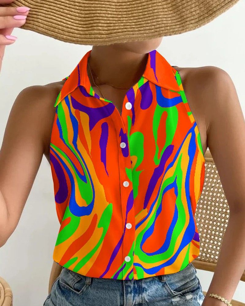 Ladies button shirt chain printed blouse summer shirt ladies sexy sleeveless off-the-shoulder shirt ladies street style