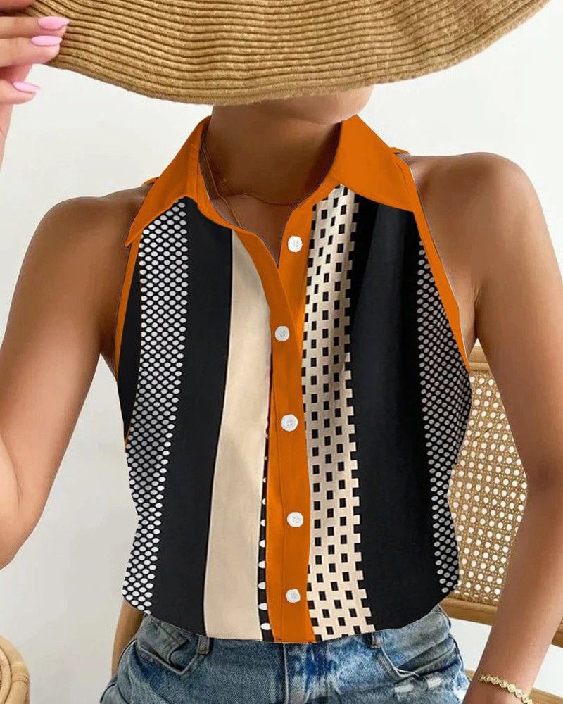 Ladies button shirt chain printed blouse summer shirt ladies sexy sleeveless off-the-shoulder shirt ladies street style