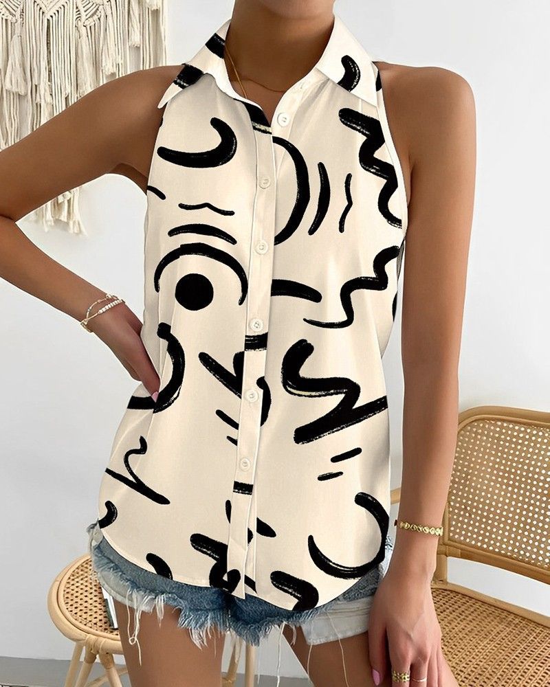 Ladies button shirt chain printed blouse summer shirt ladies sexy sleeveless off-the-shoulder shirt ladies street style