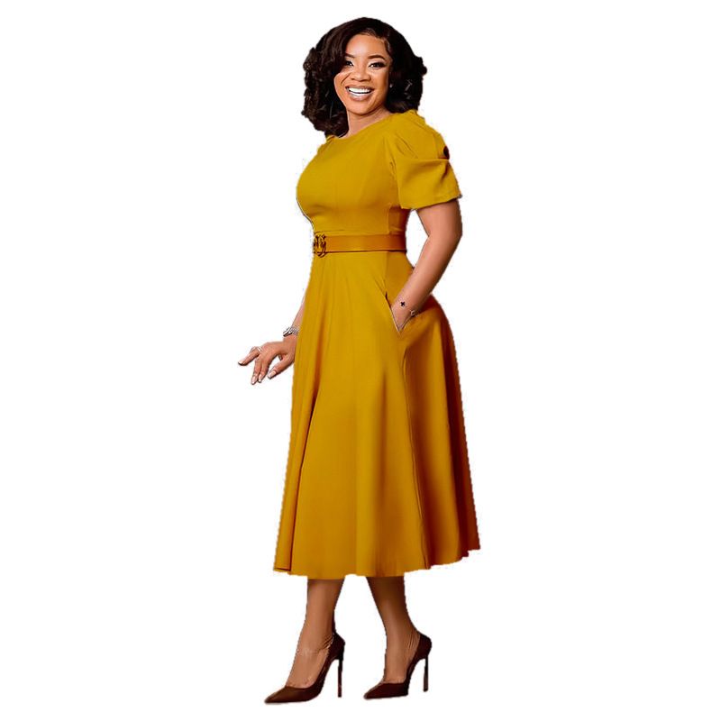 Fashion Office Dresses for Women O Neck Short Sleeve Belt Waisted Pleated A Line Mid Calf African Business Work Dress Midi Cloth