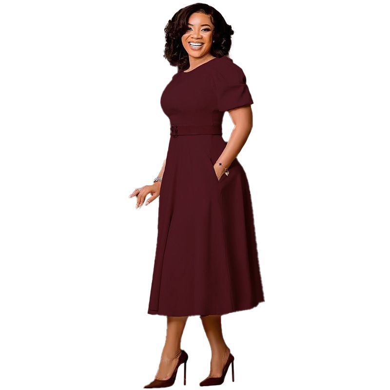 Fashion Office Dresses for Women O Neck Short Sleeve Belt Waisted Pleated A Line Mid Calf African Business Work Dress Midi Cloth