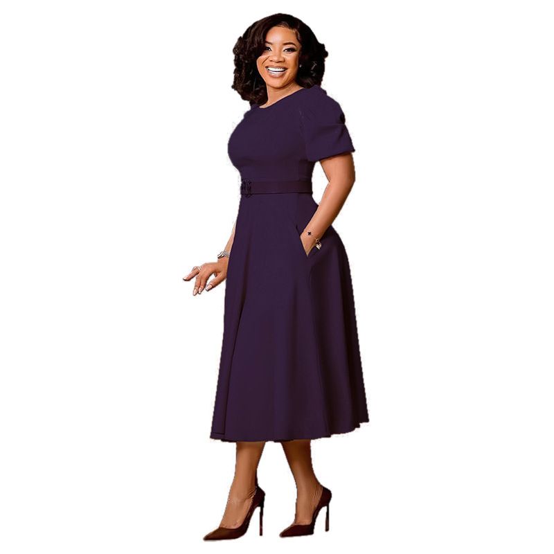 Fashion Office Dresses for Women O Neck Short Sleeve Belt Waisted Pleated A Line Mid Calf African Business Work Dress Midi Cloth