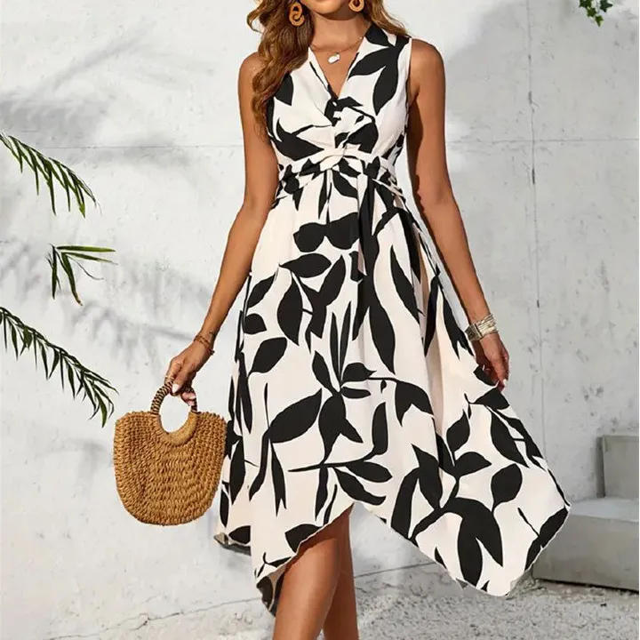 Beach Women Midi Dress Summer Asymmetrical New Maxi Long One Piece DressLeaf Printed Elegant Casual Hem Dress Vestidos Female